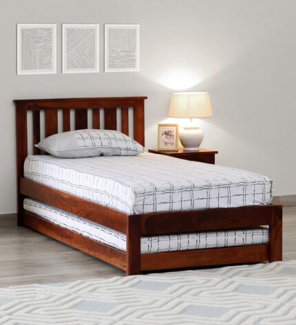 Freya Solid Wood Single Bed with Trundle in Honey Oak Finish