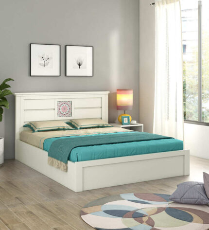 Kosmo Bryan Queen Size Bed With Box Storage In Kingston White Finish