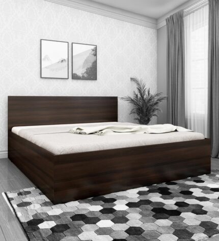 Rhino Queen Size Bed with Side Drawer Storage in Dark Wallnut Finish